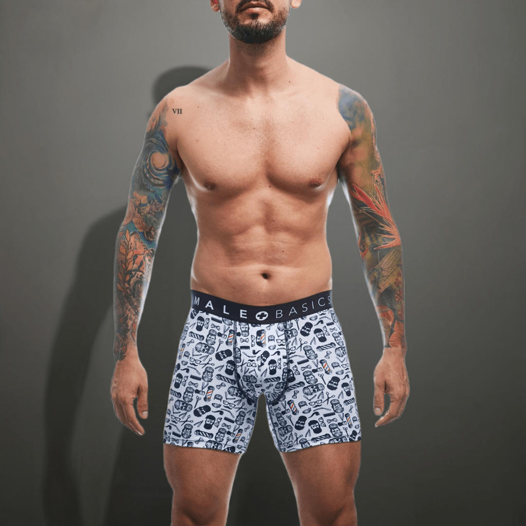 White boxer briefs with black and white facial expression print and male basic waistband from malebasics barber skulls collection