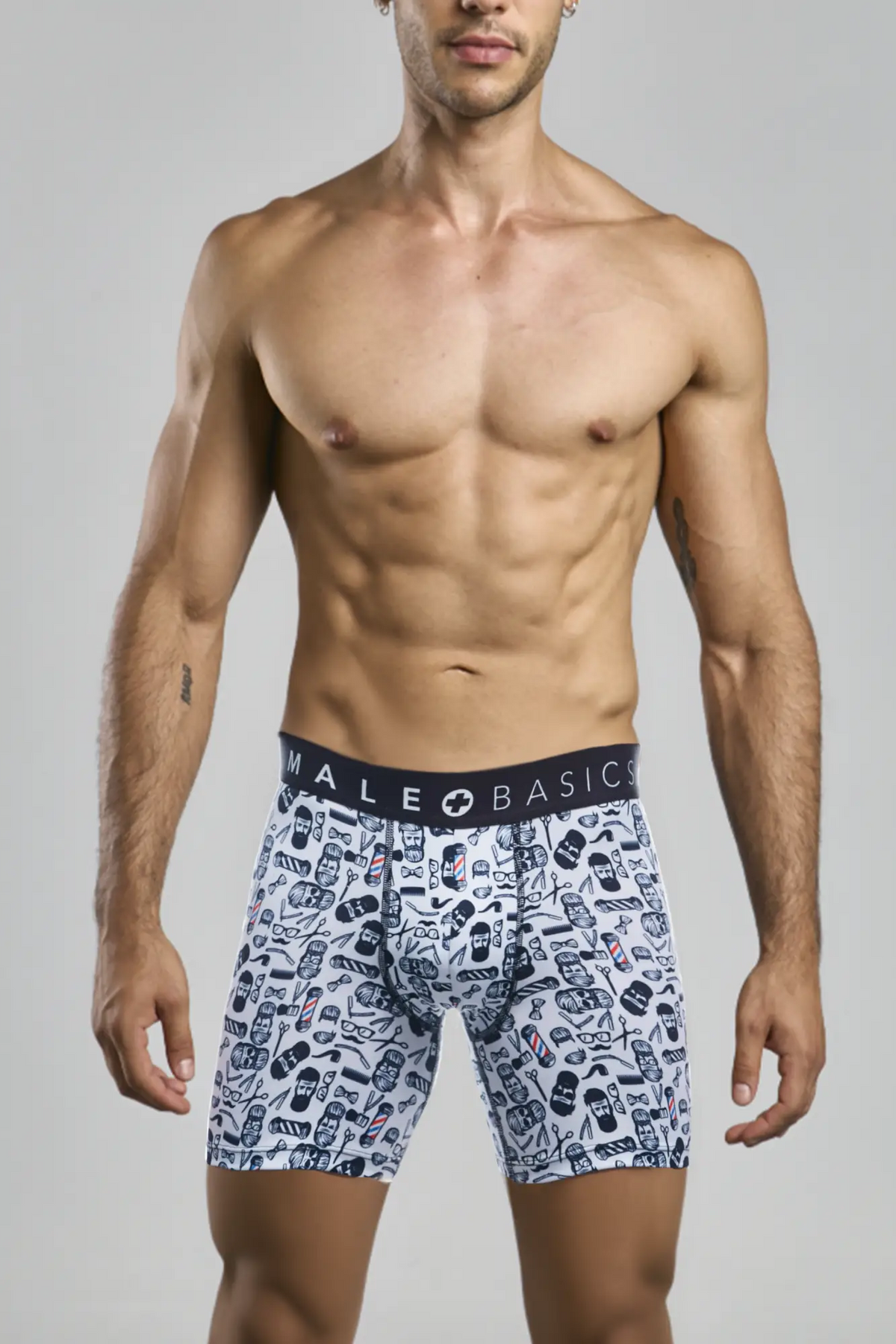 White boxer briefs with black and navy blue illustrated skull print and male basics branded waistband malebasics boxerbrief barber skulls