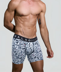 White men’s boxer briefs with black barber skull pattern and navy blue male basic waistband malebasics boxerbrief barber skulls