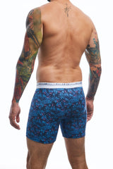 Blue patterned boxer briefs with flamingos and white basics waistband for comfortable daily wear
