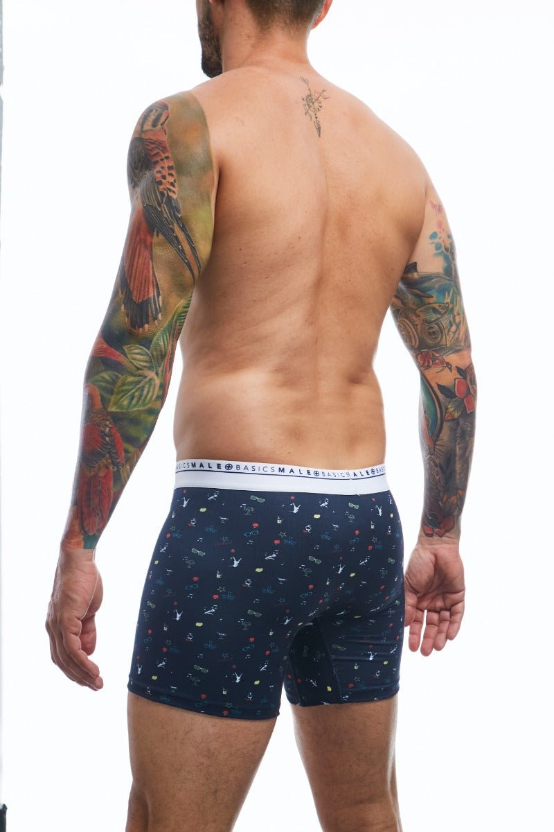 Navy blue malebasics boxerbrief party with small white and colorful bird pattern and white elastic waistband