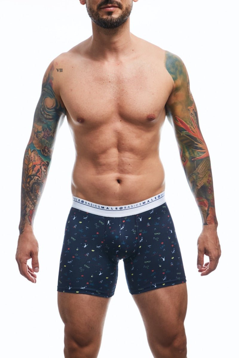Dark blue malebasics boxerbrief party with colorful abstract pattern and basic m logo on white elastic waistband
