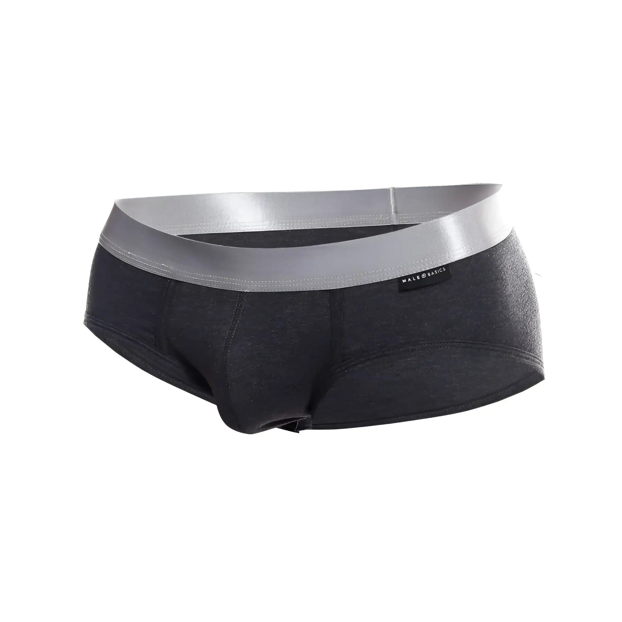 Black men’s briefs with shiny silver waistband made from soft pima cotton by male and black brand