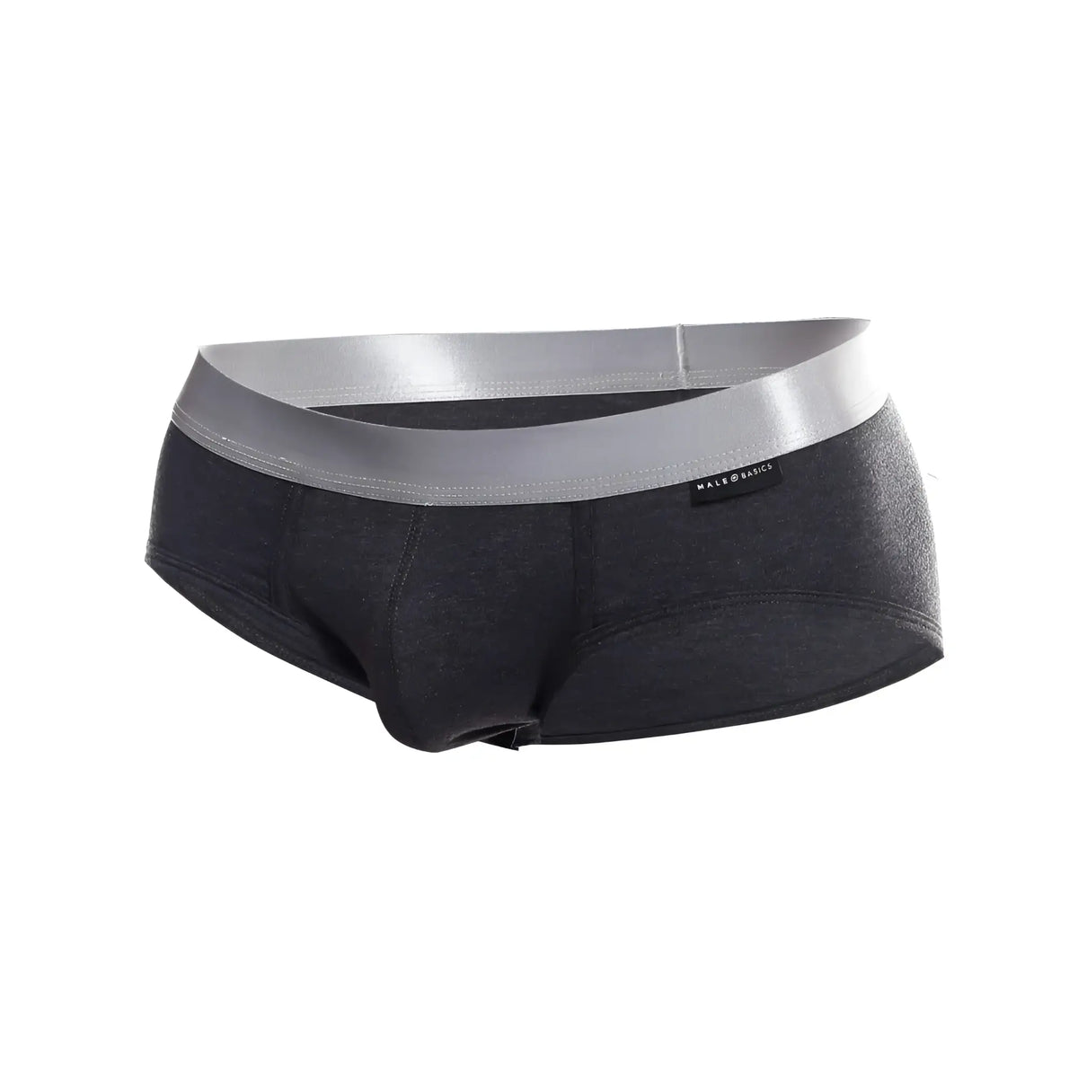 Black men’s briefs with shiny silver waistband made from soft pima cotton by male and black brand
