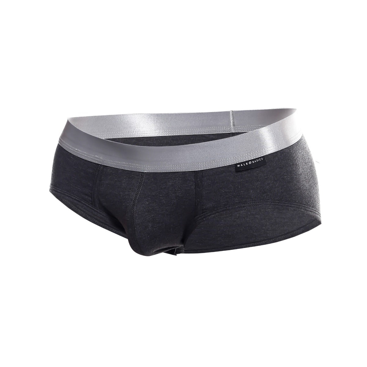 Black men’s briefs with shiny silver waistband made from pima cotton by male and black in the malebasics brief pima line