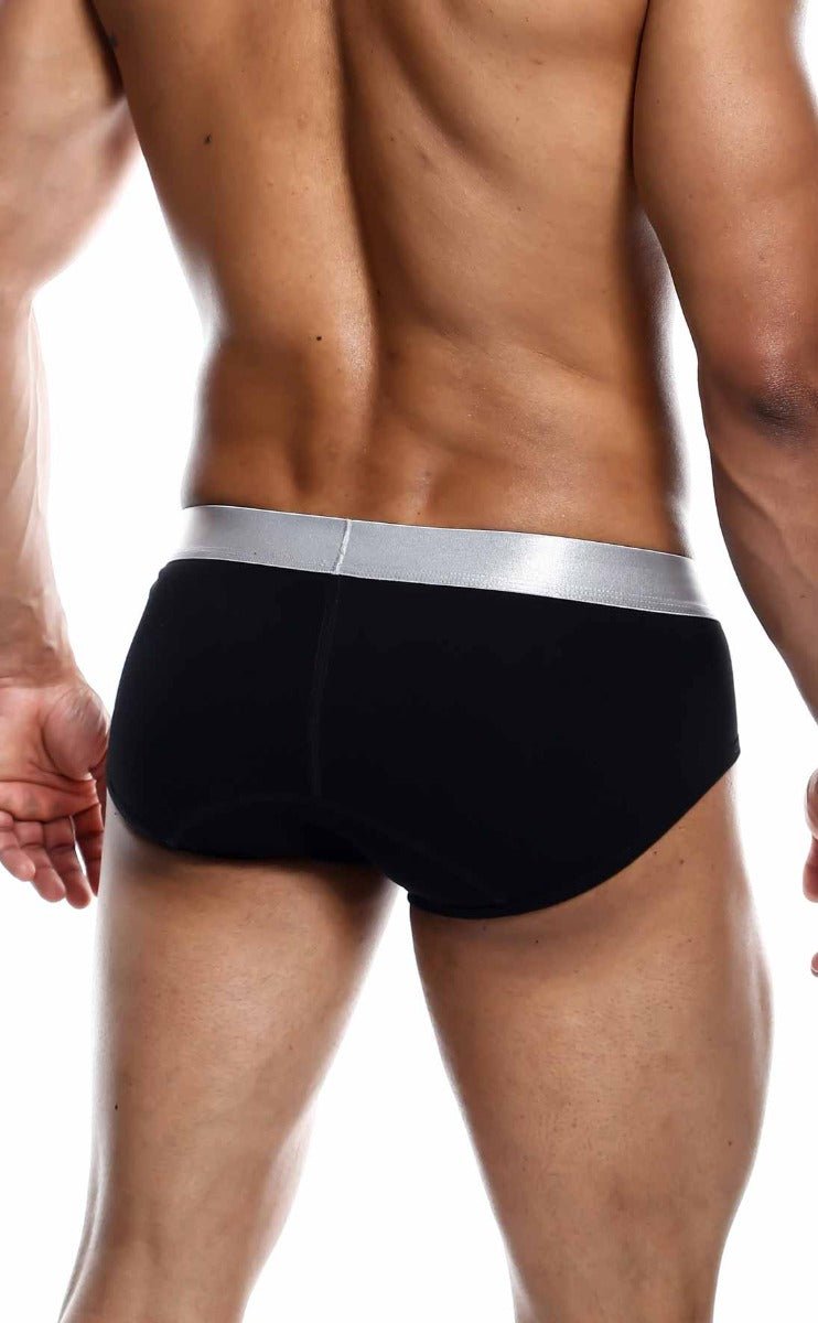 Malebasics brief pima black briefs with a sleek silver waistband made from soft breathable pima cotton