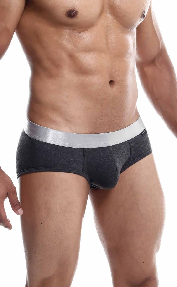 Dark gray male basics brief pima with a silver waistband made from soft pima cotton for everyday comfort