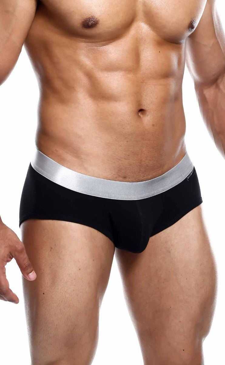 Malebasics brief pima black briefs with sleek silver waistband made from soft pima cotton for comfortable wear