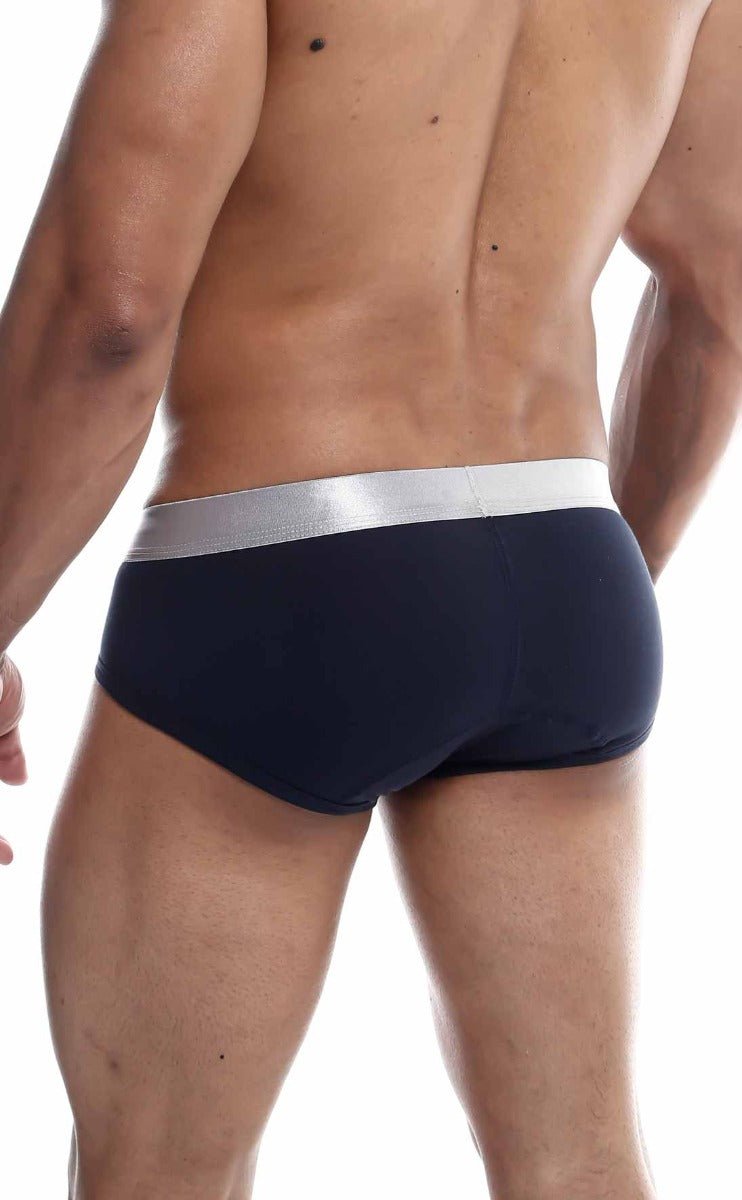Malebasics brief pima navy blue briefs with silver waistband made from soft pima cotton for comfortable wear