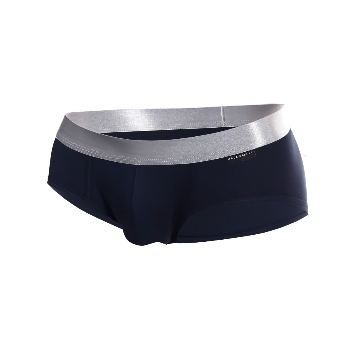 Navy blue malebasics brief pima with shiny silver waistband and branded label in soft breathable fabric