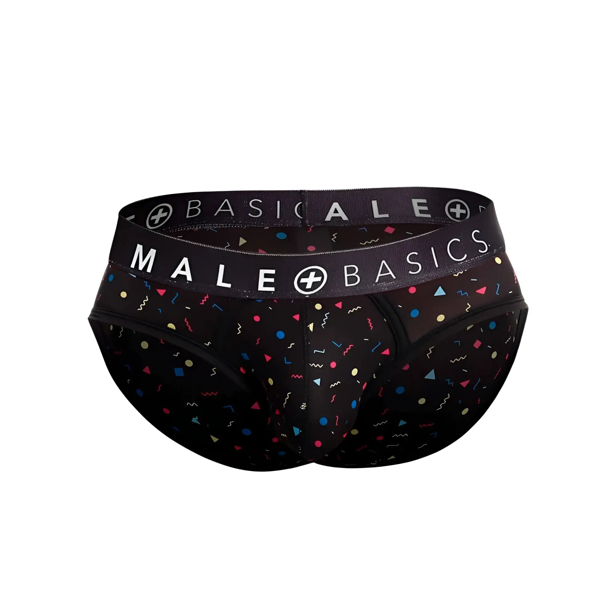 Malebasics brief sexy pouch black briefs with colorful geometric shapes and confetti pattern on fabric