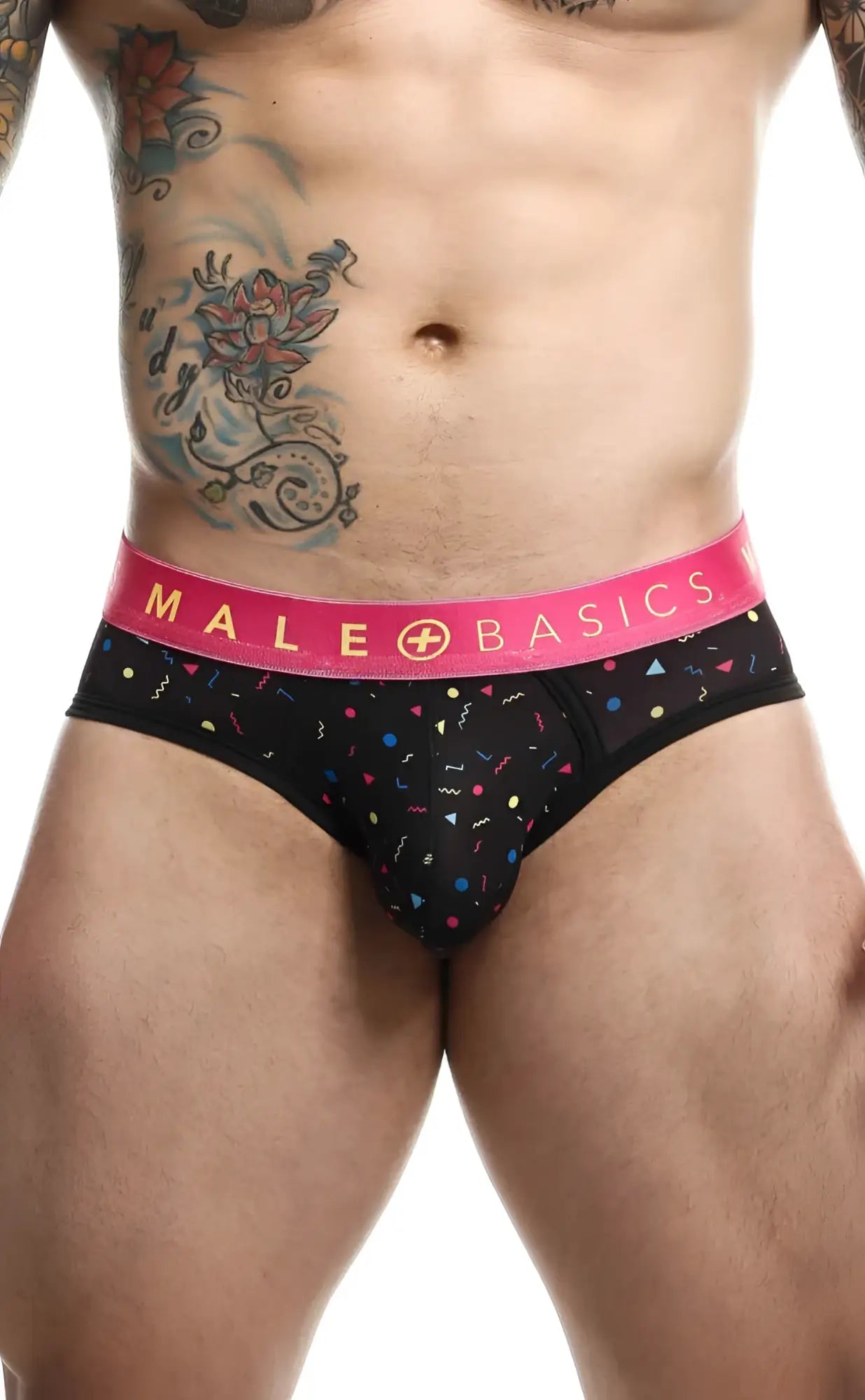 Black malebasics brief sexy pouch with vibrant pink waistband and colorful confetti pattern on fabric