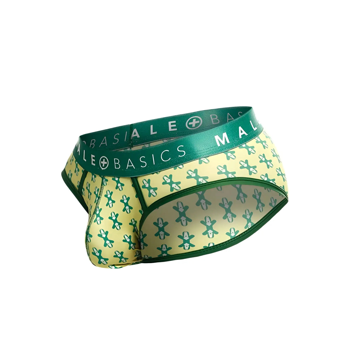 Malebasics brief sexy pouch green and pale yellow patterned men’s briefs with cartoon bear design
