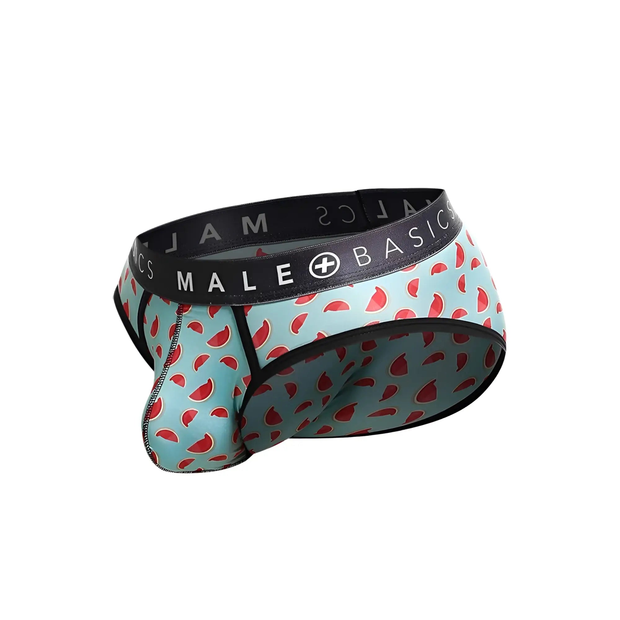 Light blue male basics brief sexy pouch with red watermelon pattern and black branded elastic waistband