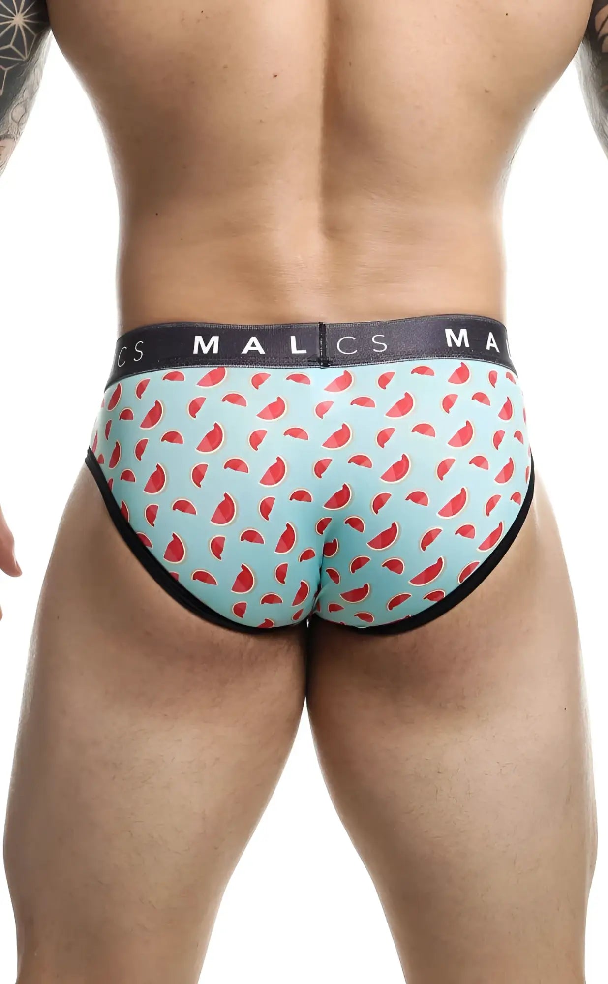 Malebasics brief sexy pouch light blue men’s briefs with red watermelon pattern black trim and malcs waistband