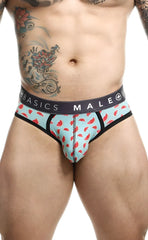 Light blue watermelon patterned malebasics brief with black trim and dark waistband featuring basics male logo