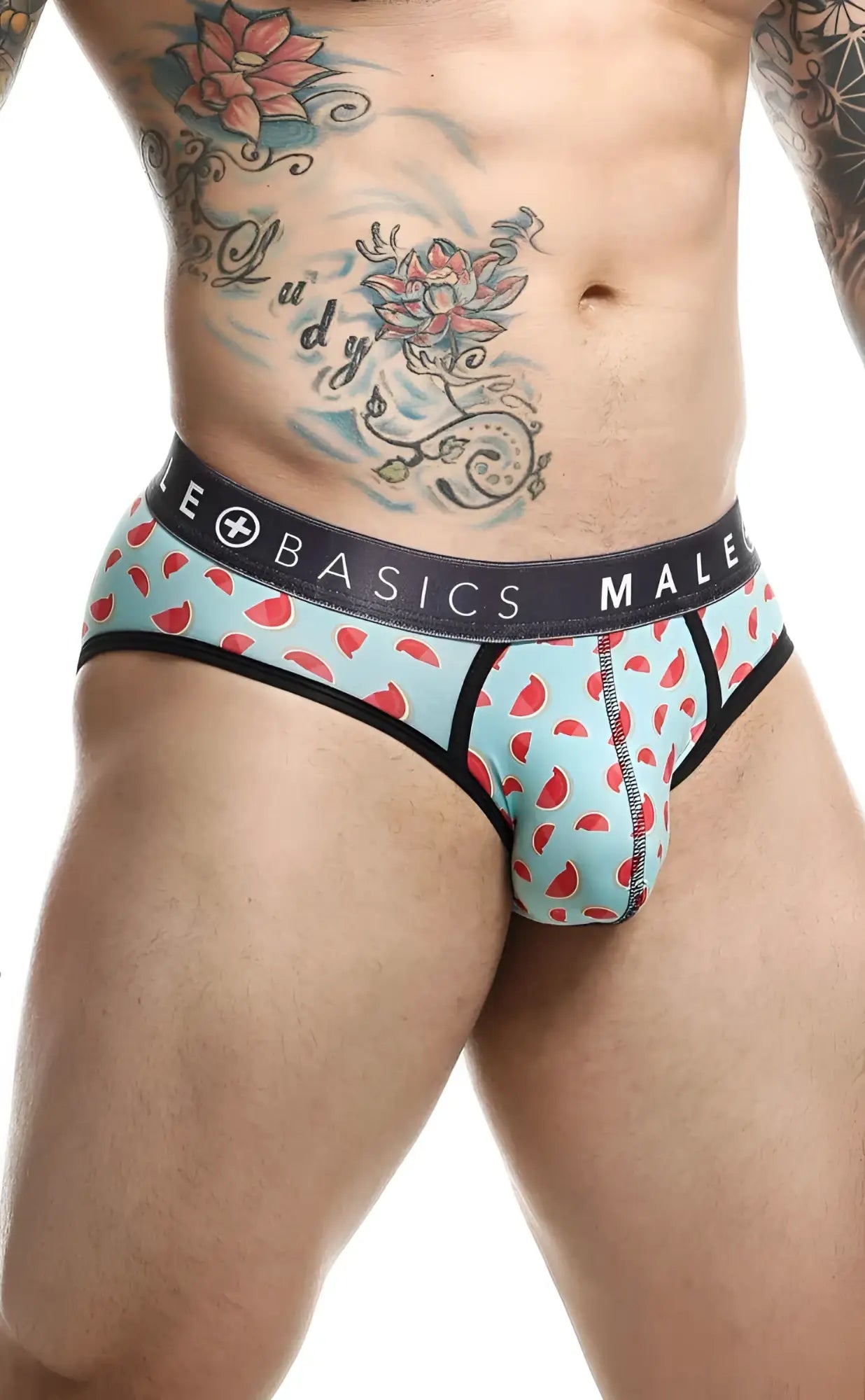 Malebasics brief sexy pouch men’s underwear light blue watermelon pattern with black trim and dark gray le basics male waistband