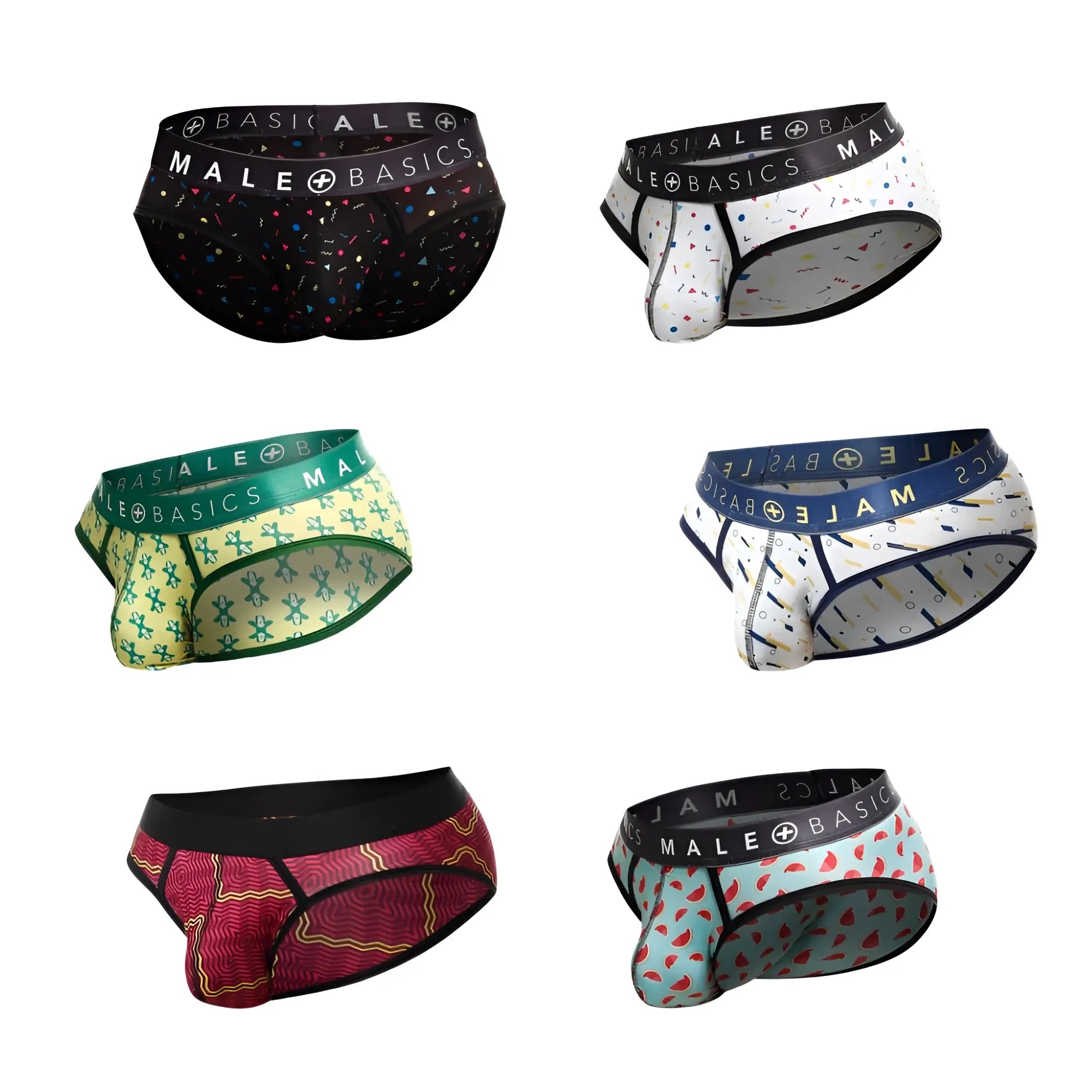 Malebasics brief sexy pouch men’s underwear in assorted colorful patterns featuring breathable fabric and supportive design