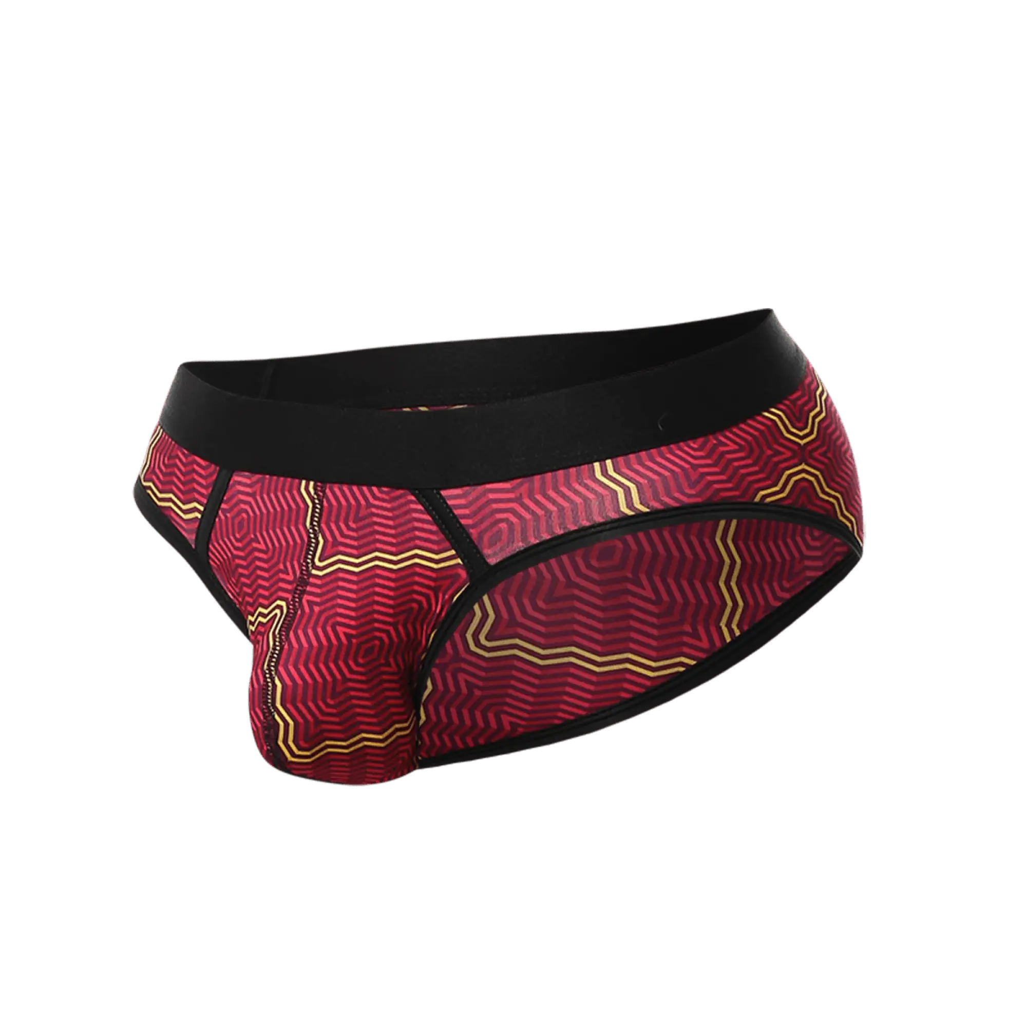 Malebasics brief sexy pouch red and gold geometric patterned briefs with black elastic waistband for men