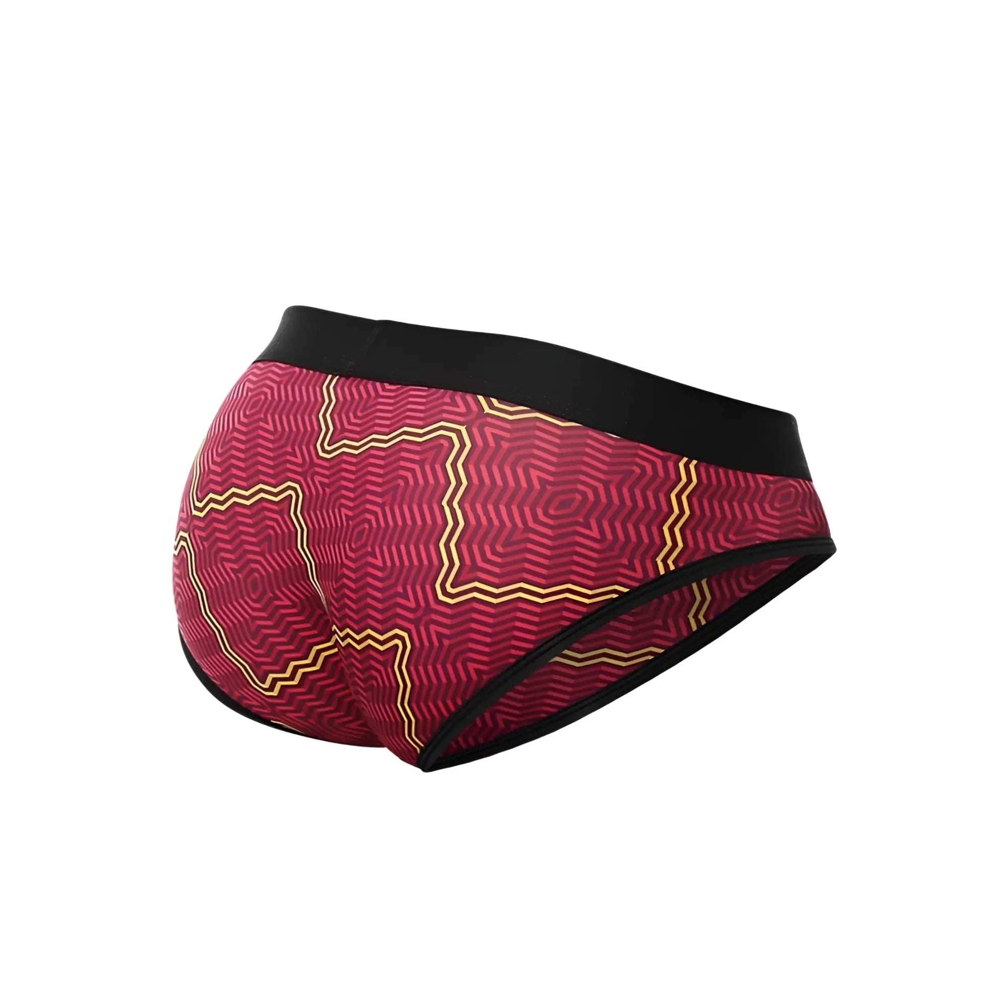 Malebasics brief sexy pouch with red and gold patterned fabric and black elastic waistband for men