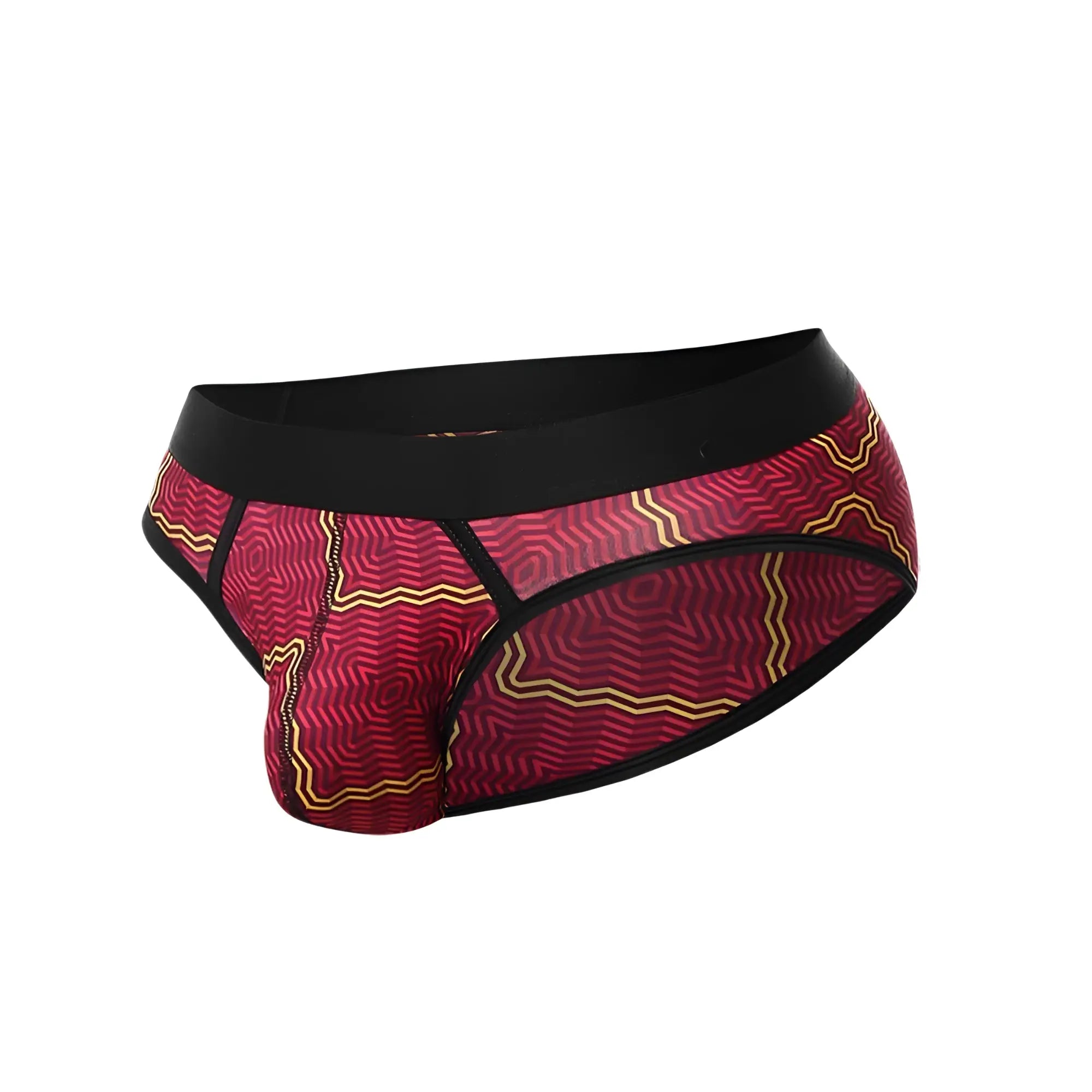 Malebasics brief sexy pouch red and gold patterned briefs with black elastic waistband for comfortable wear