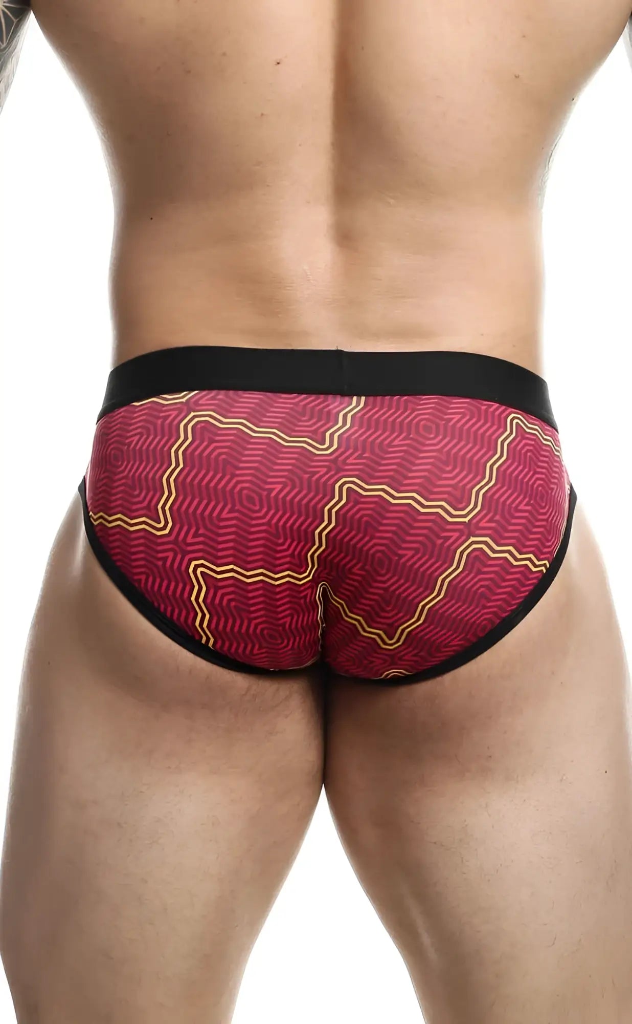 Malebasics brief sexy pouch in red and yellow geometric pattern with black trim for a stylish comfortable fit