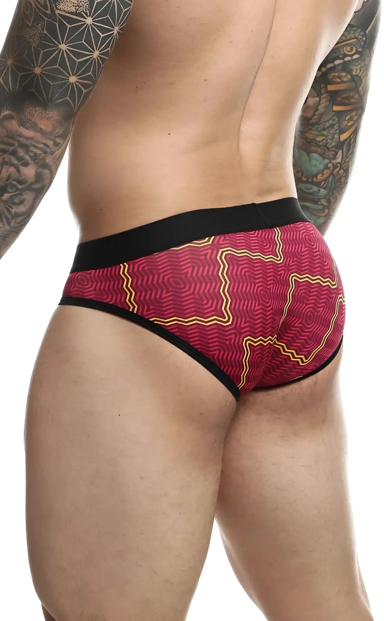 Malebasics brief sexy pouch red and yellow patterned briefs with black trim designed for comfortable support