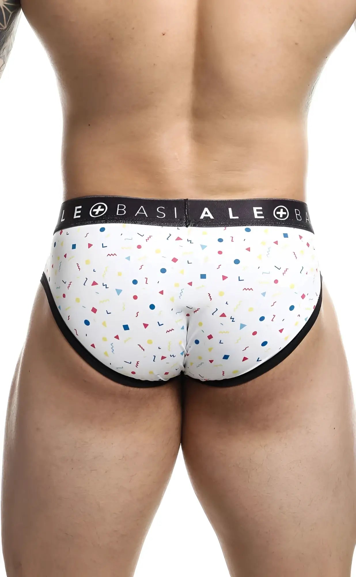 Malebasics brief sexy pouch in white with a playful multicolored confetti pattern and black trim briefs