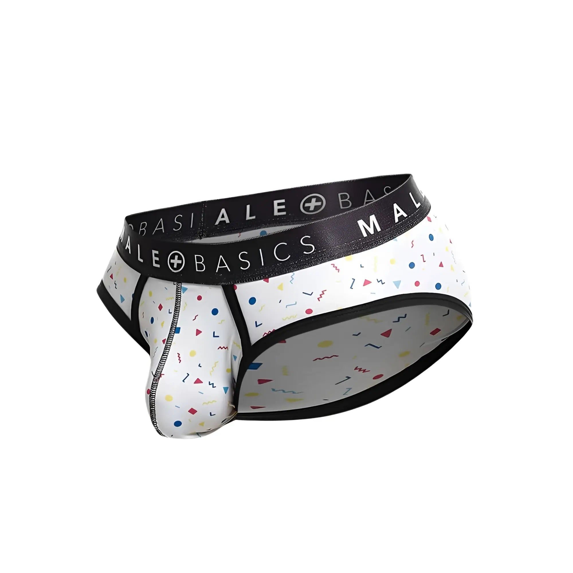 White malebasics brief underwear with black basics waistband and colorful geometric confetti pattern