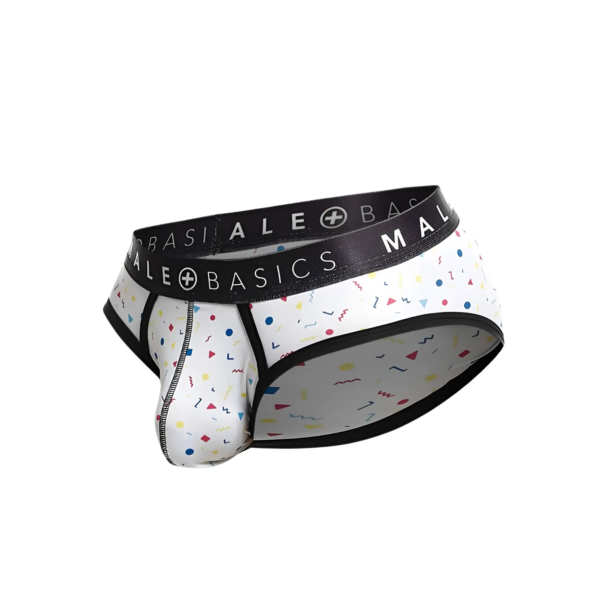 Malebasics brief sexy pouch white underwear with black basics waistband and colorful confetti pattern fabric