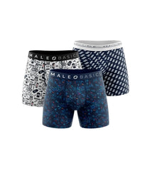 Three-pack of malebasics bundle boxerbrief men’s boxer briefs in assorted designs including retro tech icons and floral patterns