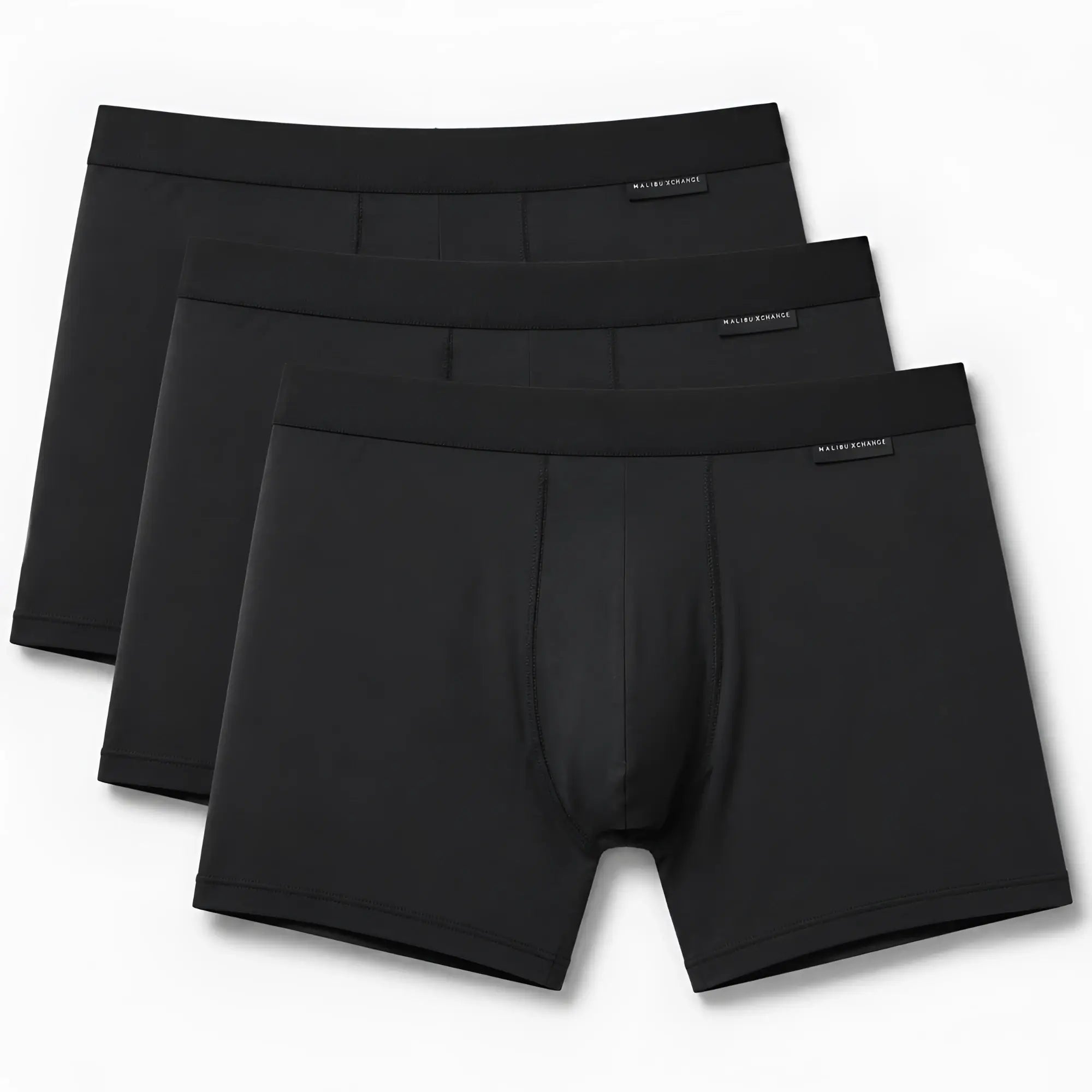 Malebasics classic tripack of black men’s boxer briefs with smooth seamless design and elastic waistband