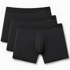 Malebasics classic tripack of black men’s boxer briefs with smooth seamless design and elastic waistband