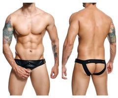 Malebasics dmblo1 dngeon black leather briefs with front closure and side straps for secure fit and support