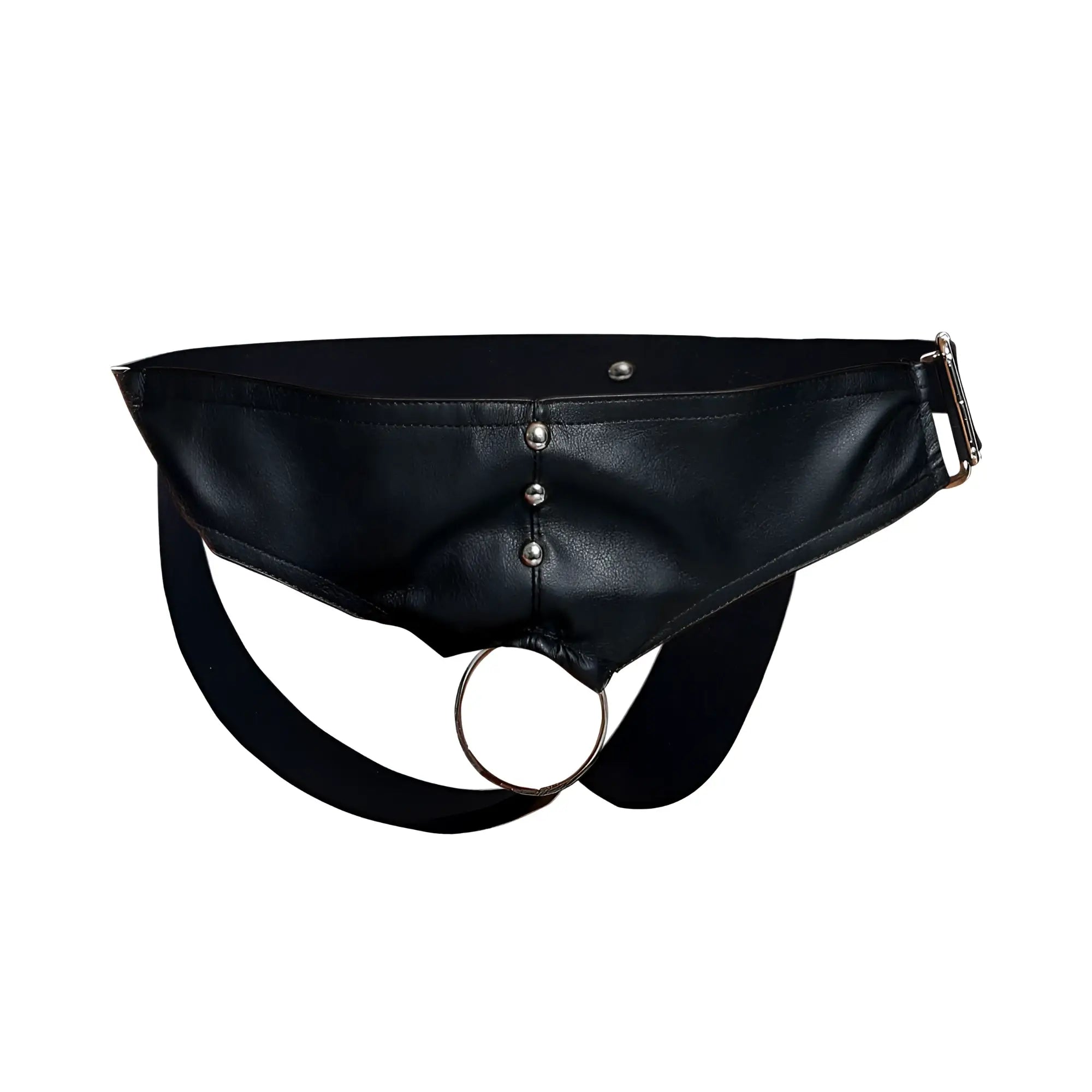 Malebasics dmbl01 dngeon black leather cockring jockstrap with silver metal ring and buckle visible from back side
