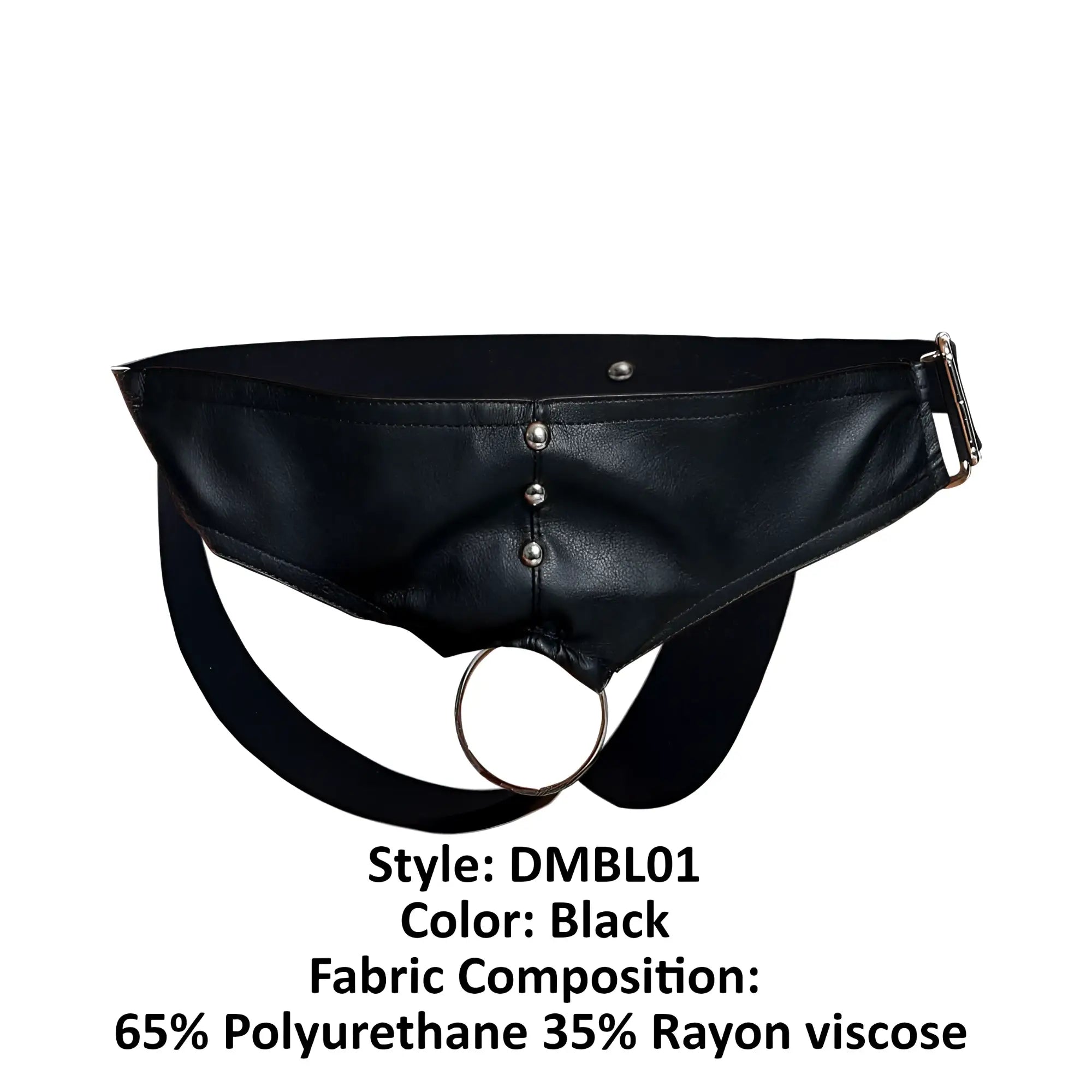 Black leather-like male basics dmblo1 dngeon cockring jockstrap with central ring and silver metal hardware