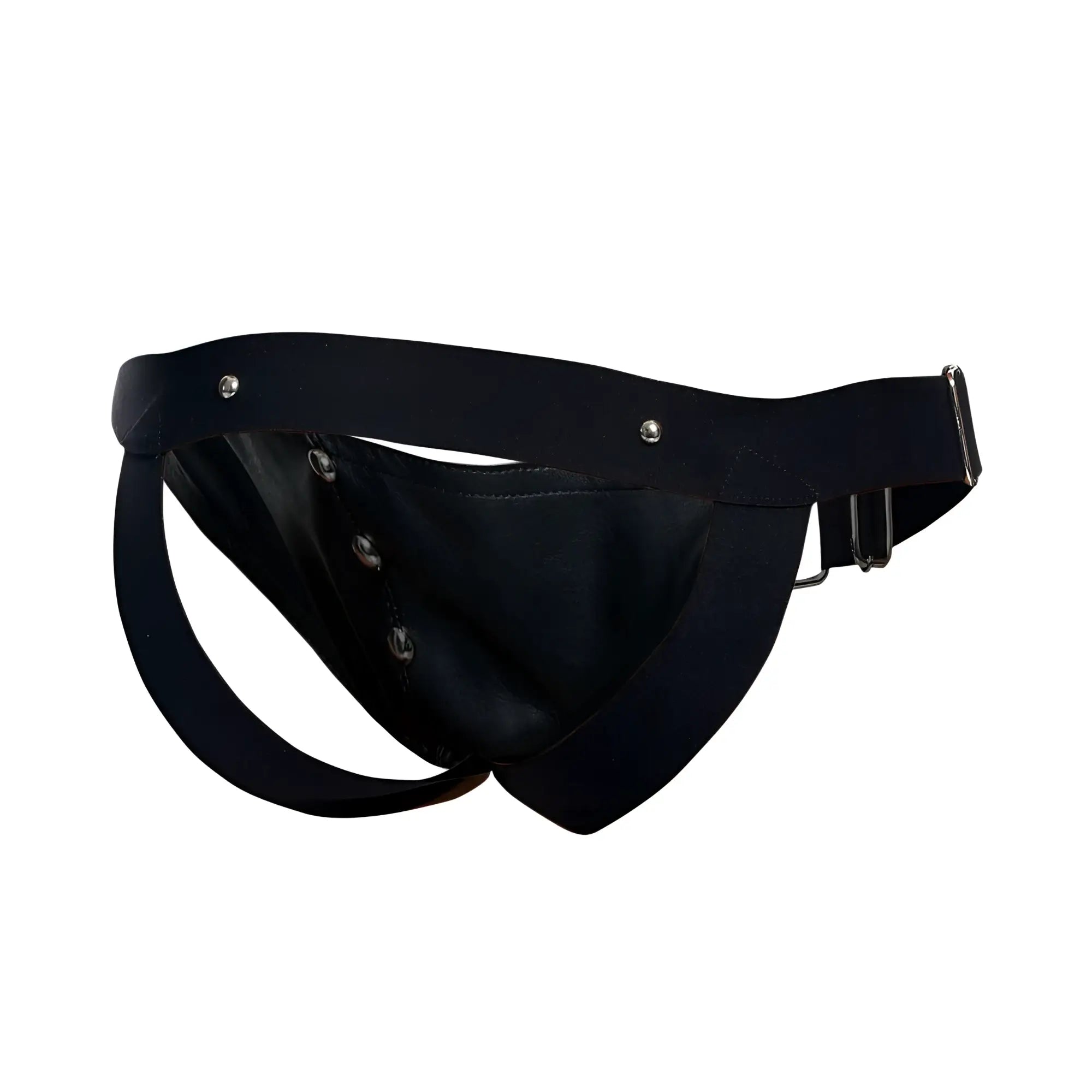 Black leather thong cockring jockstrap with silver metal hardware and adjustable strap by malebasics