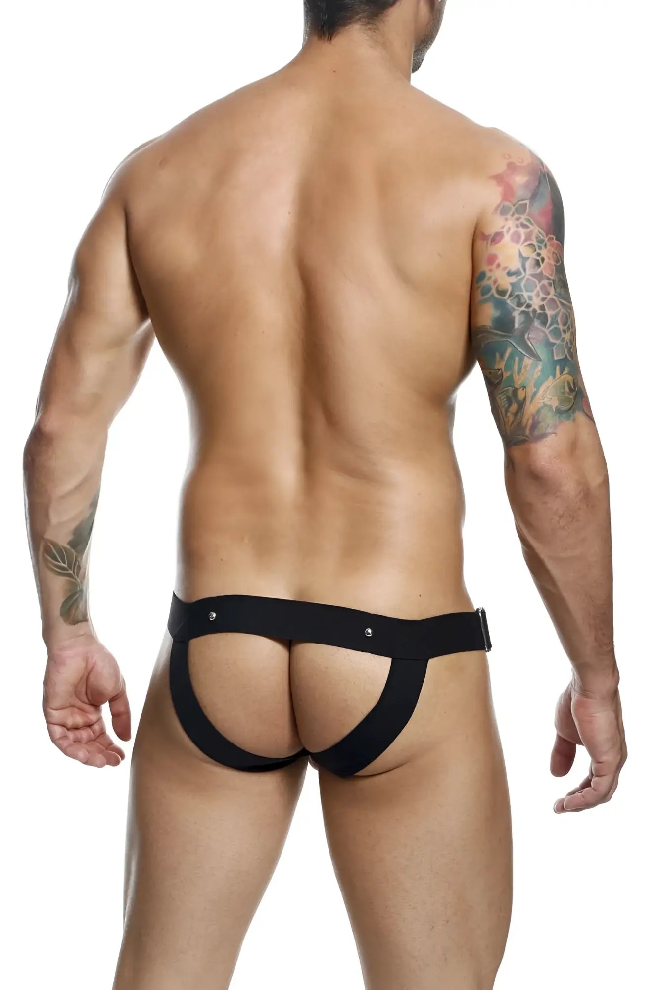 Black sleek form-fitting malebasics dmblo1 dngeon cockring jockstrap briefs with contoured design front view