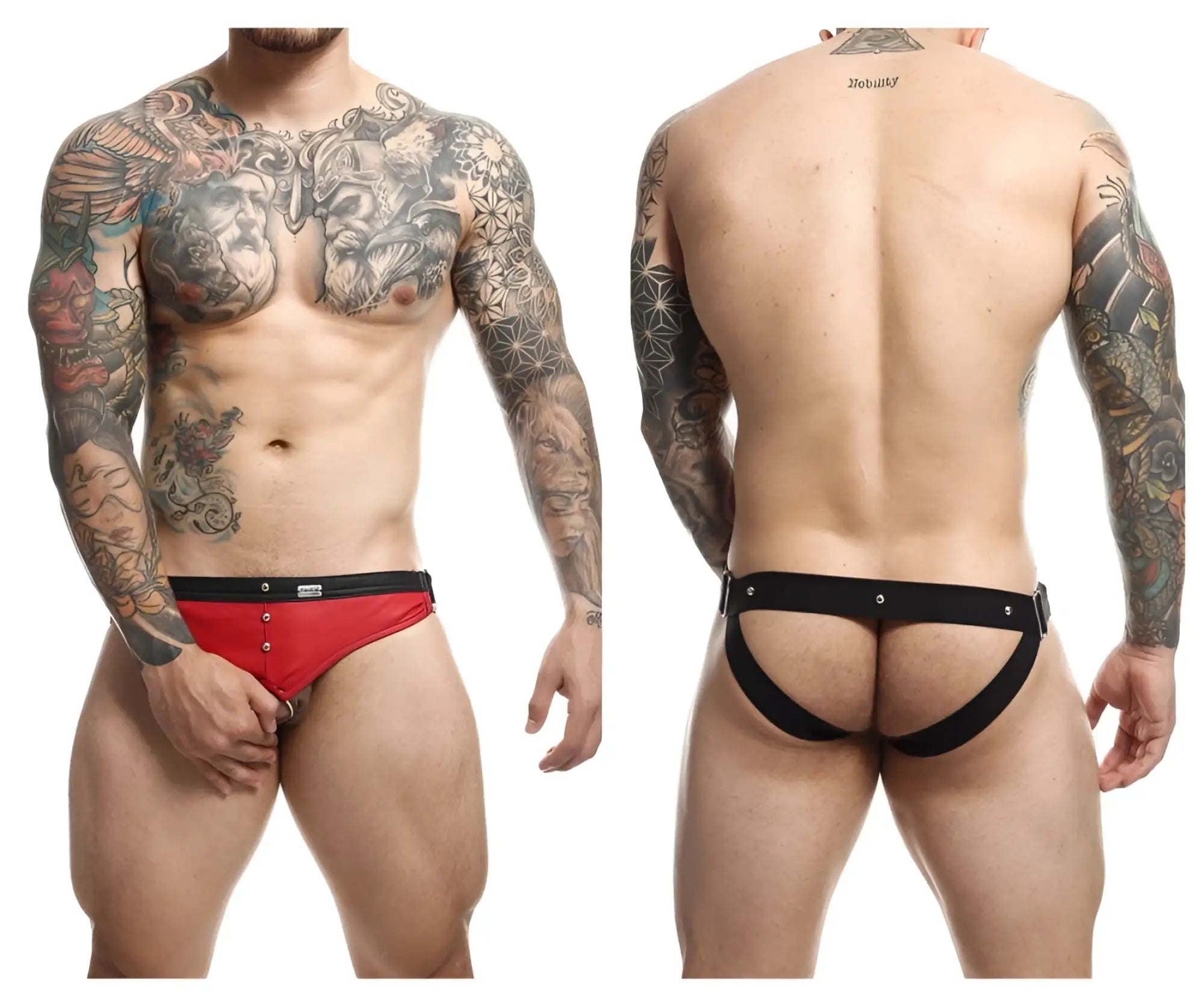 Malebasics dmbl01 dngeon cockring jockstrap in red featuring a sleek, form-fitting athletic brief design