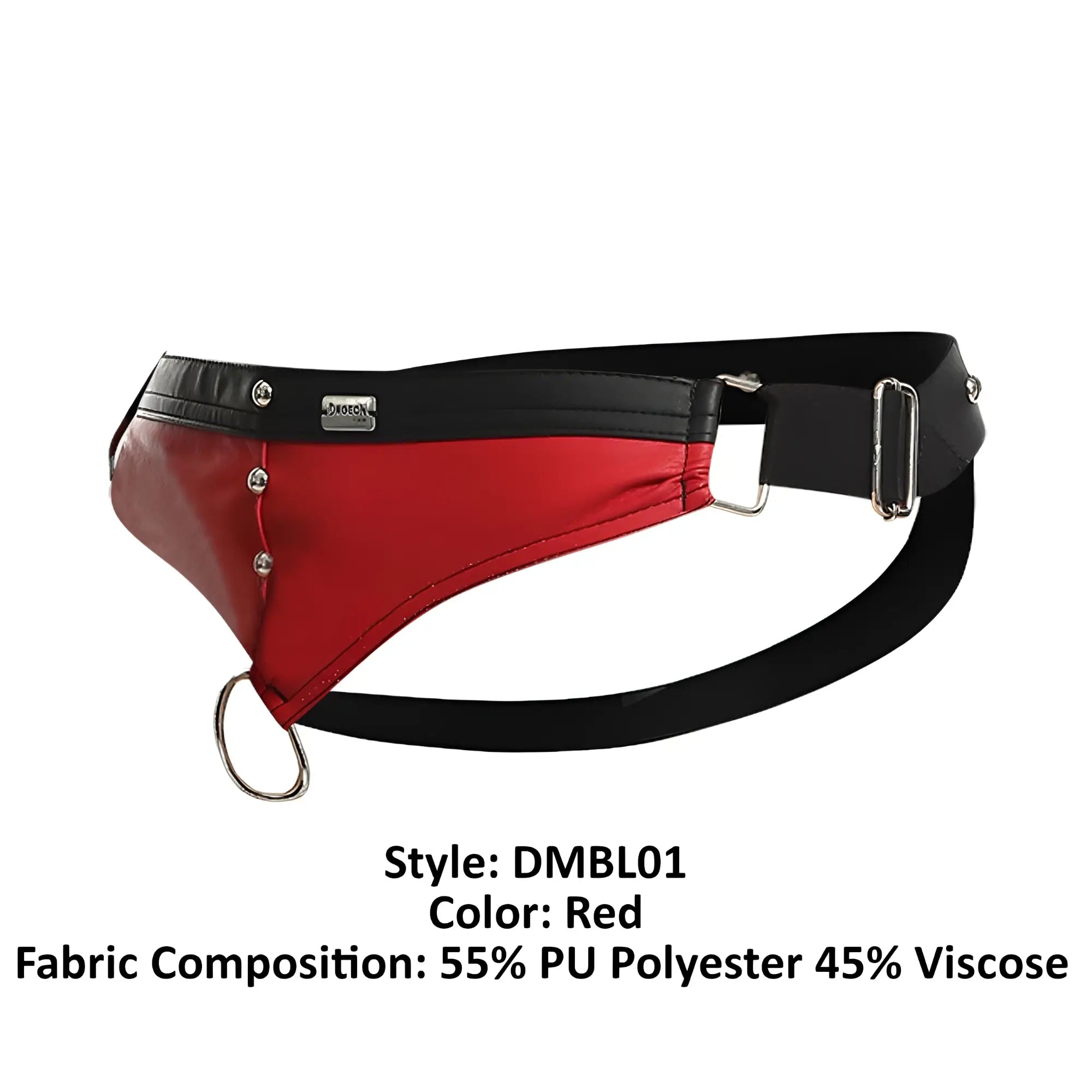 Malebasics dmblo1 dngeon cockring jockstrap in red leatherlike harness belt with silver toned metal hardware