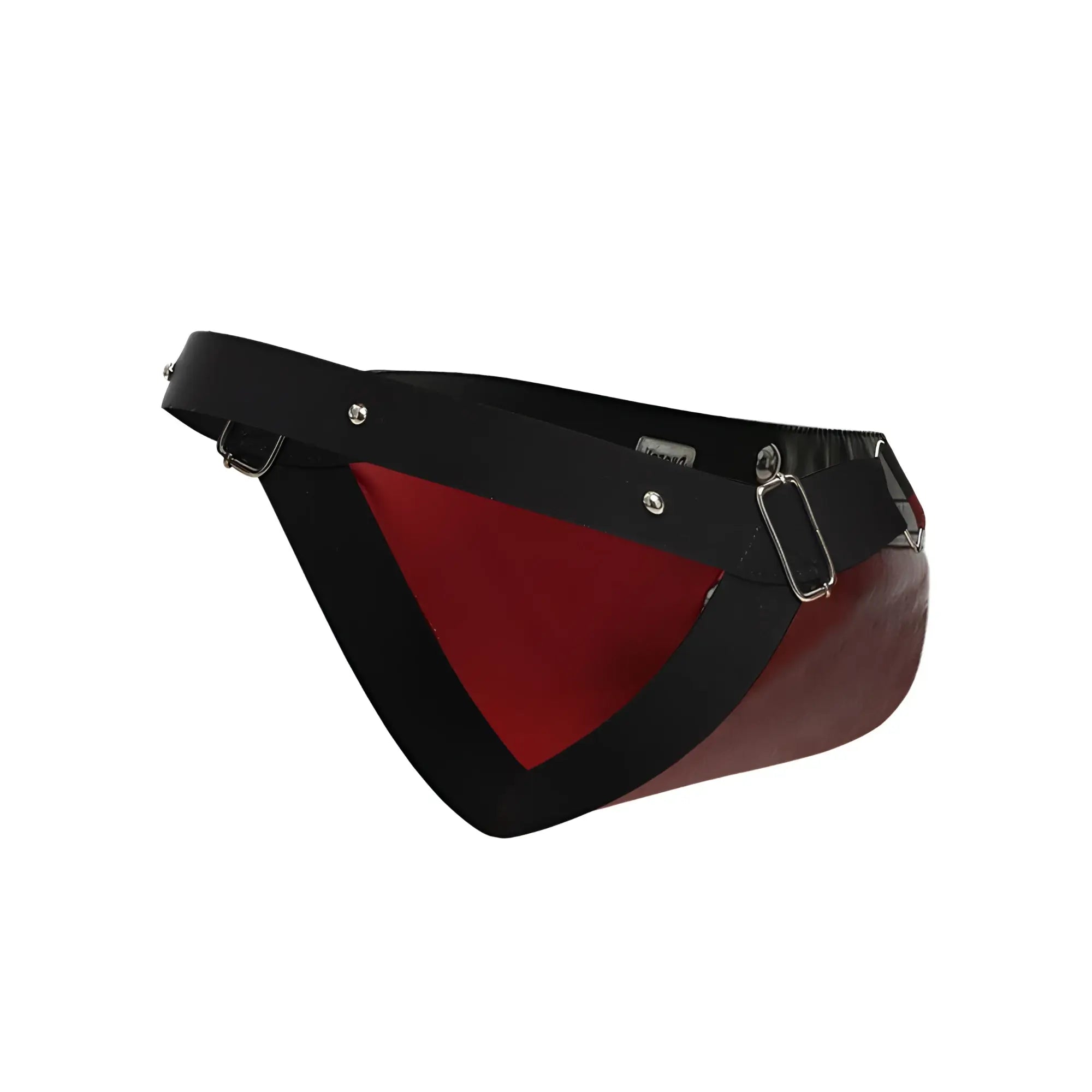 Black and red patent leather fanny pack with silver-toned hardware paired with malebasics red cockring jockstrap