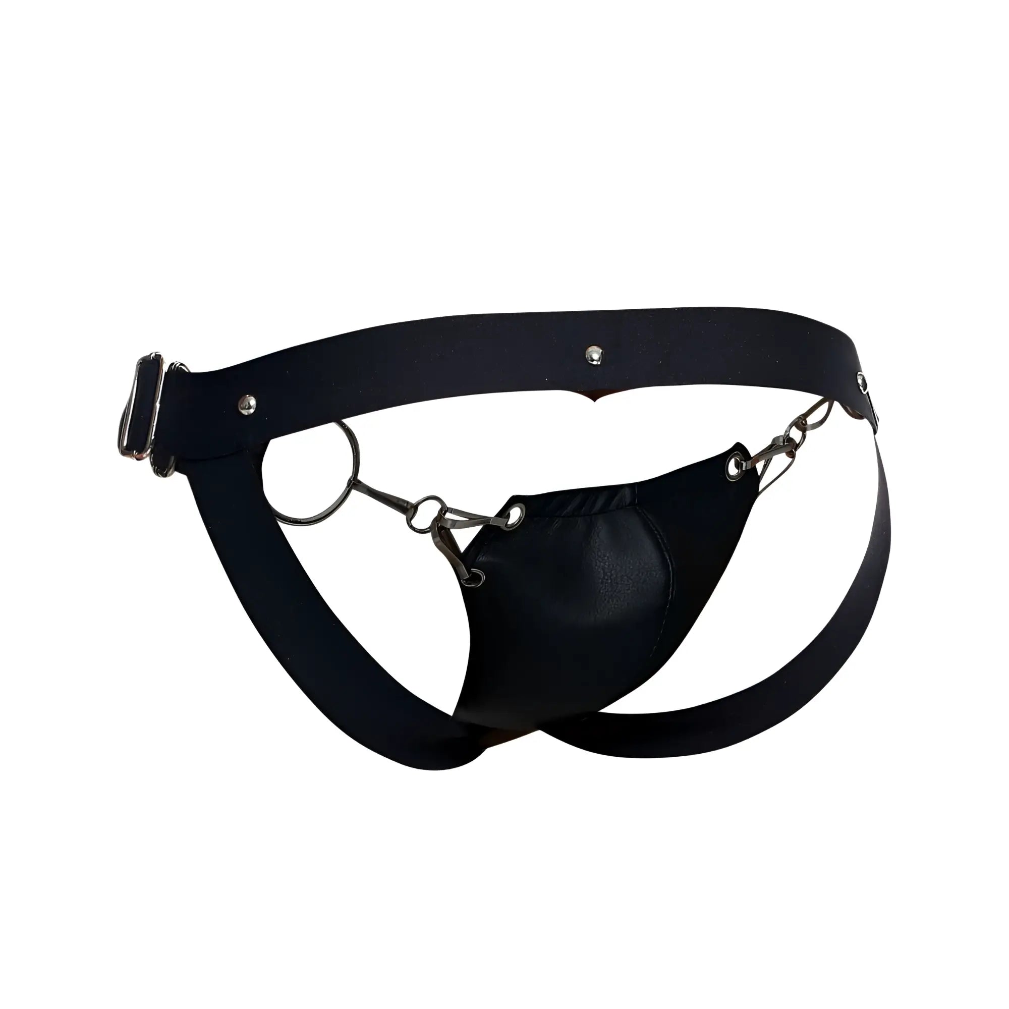 Malebasics dmbl03 dngeon black leather snap jockstrap with metal chain and buckle showing front view