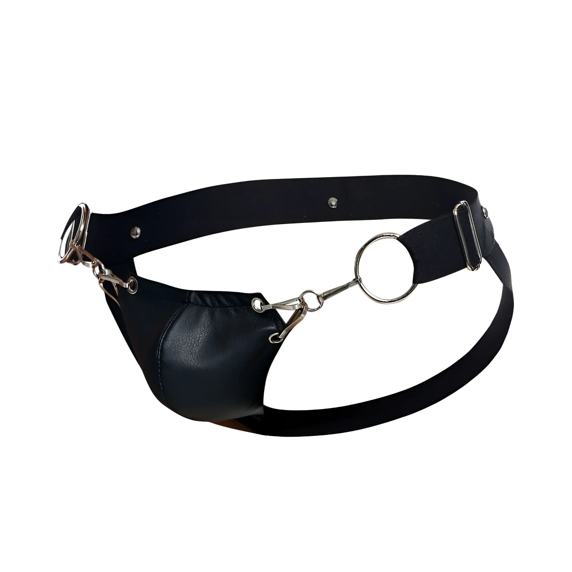 Malebasics dmblo3 dungeon snap jockstrap in black featuring a black leather harness with silver rings and buckles