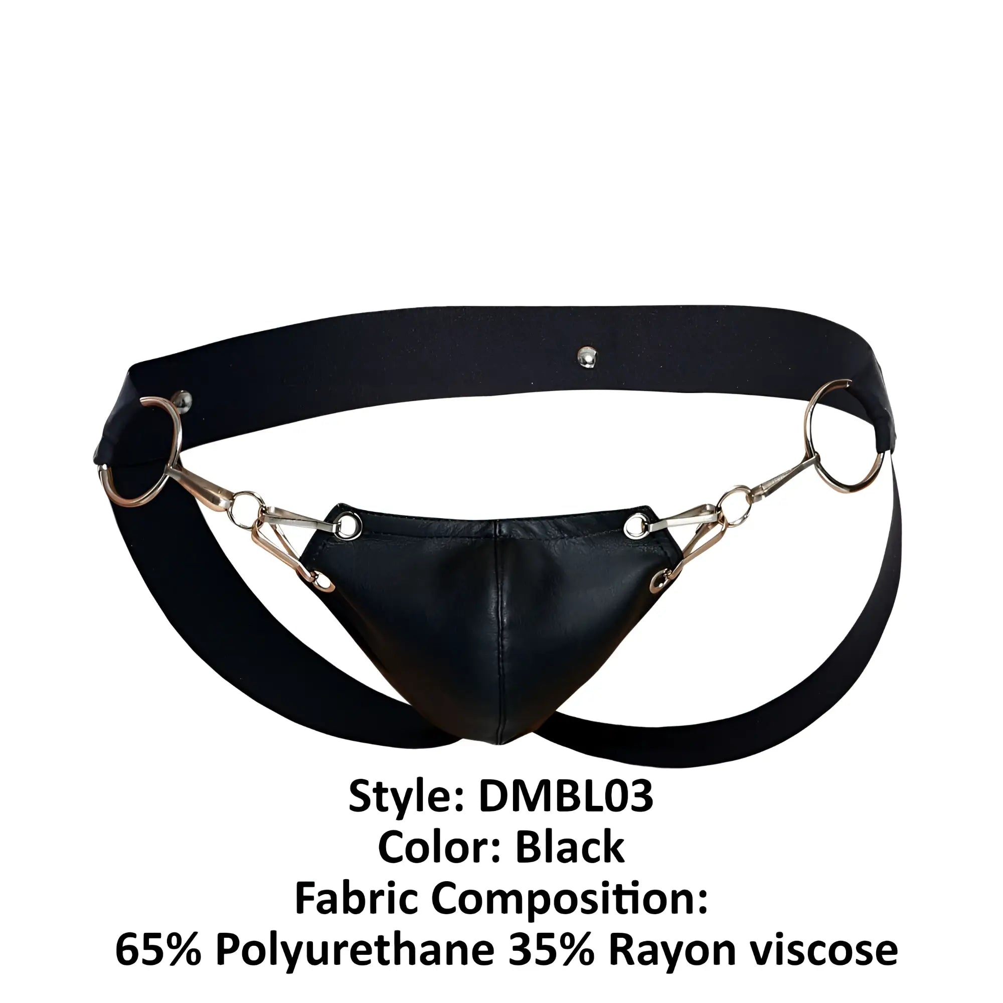 Malebasics dmbl03 dngeon male black leather-like snap jockstrap with metallic horsebit-style harness hardware