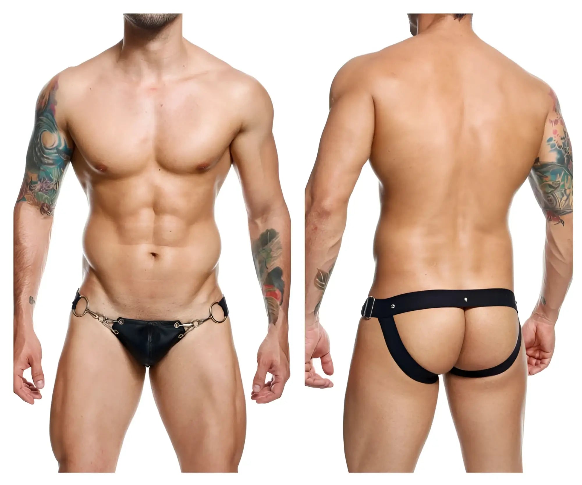 Black leather male basics dmbl03 dungeon snap jockstrap with metallic ring and buckle accents front view