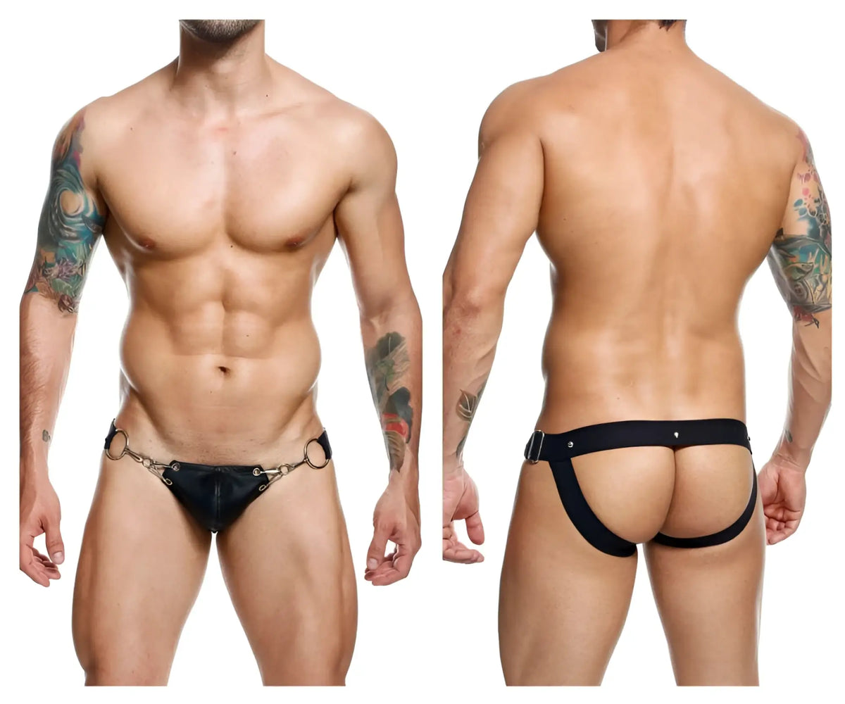 Black leather male basics dmbl03 dungeon snap jockstrap with metallic ring and buckle accents front view