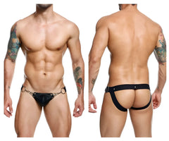 Black leather male basics dmbl03 dungeon snap jockstrap with metallic ring and buckle accents front view