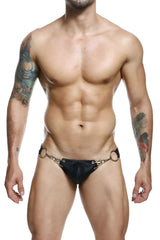 Malebasics dmblo3 dngeon black leather thong with metallic horsebit hardware and snap jockstrap design
