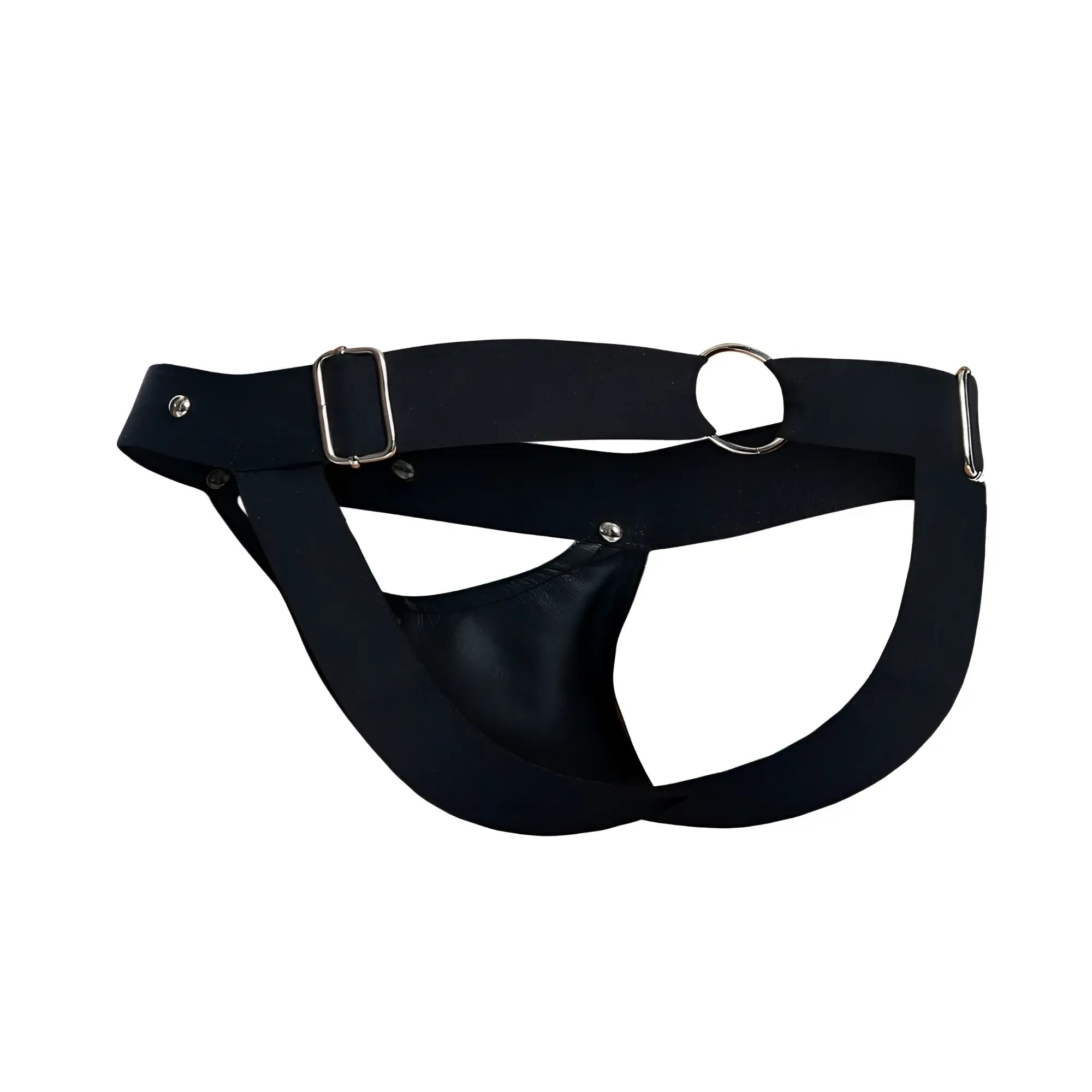 Black leather maleBasics dngeon peakaboo jockstrap with silver buckle and ring harness detail visible