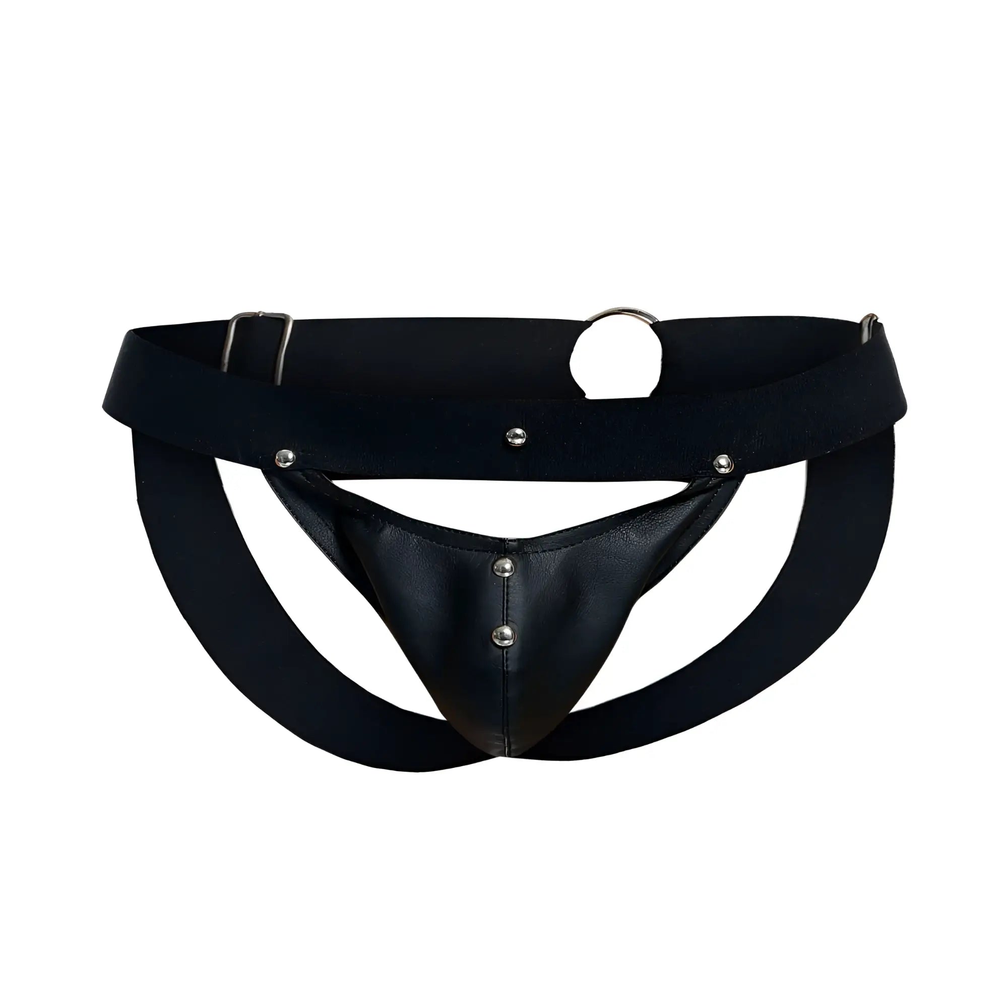 MaleBasics DMBL04 DNGEON peakaboo jockstrap in black leather thong with adjustable elastic waistband and silver hardware